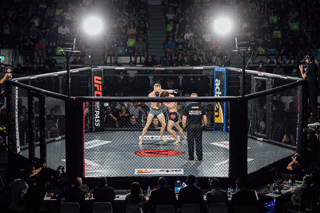 A combat sports arena viewed from the event floor